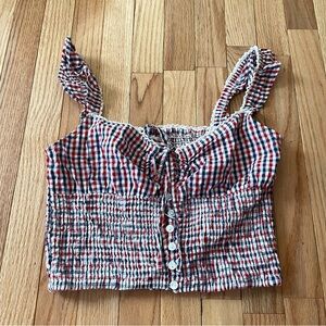 Gingham Smocked Crop Top Womens Medium Blue Red Cottagecore Picnic Tank USA